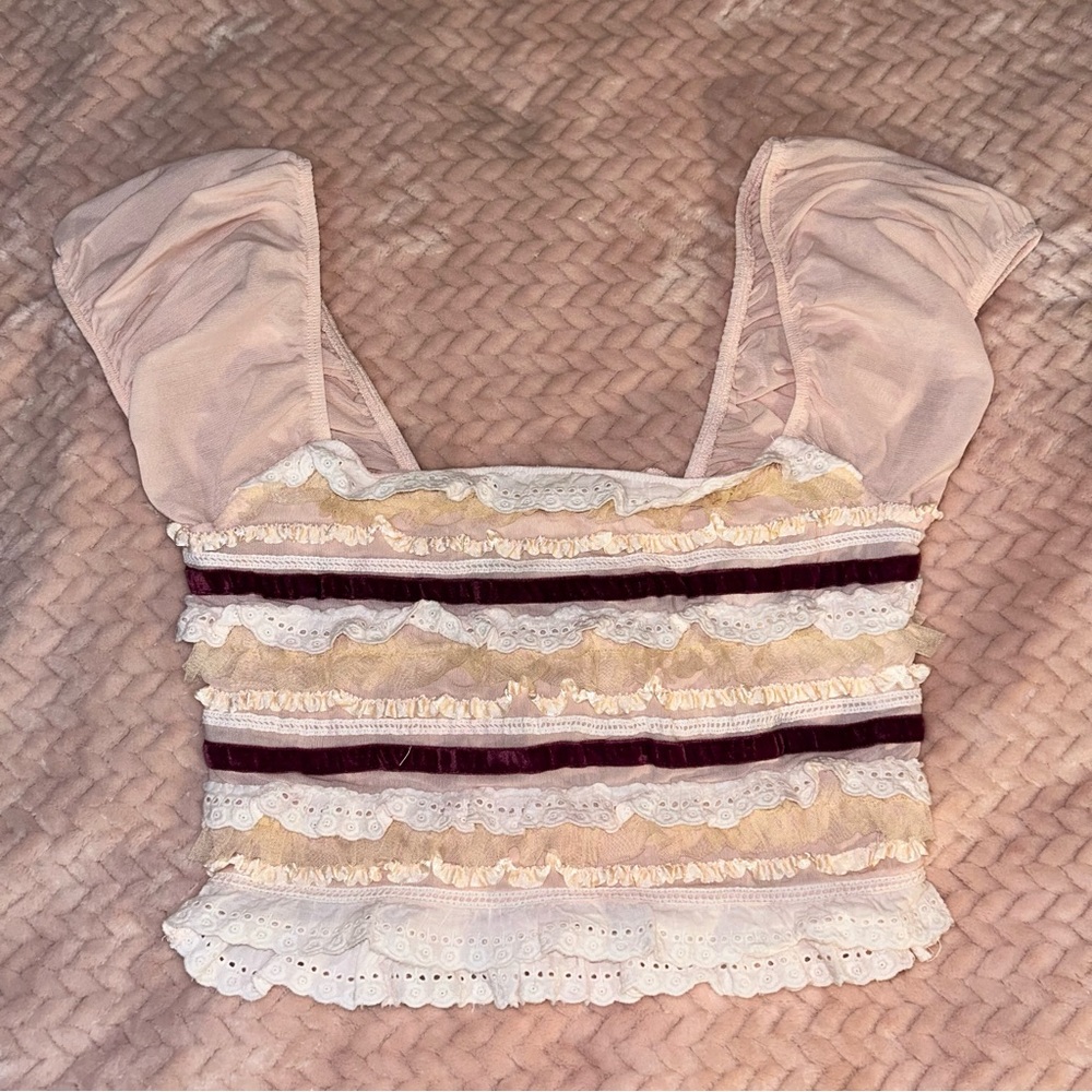 Kimchi Blue Ruffled Lace Blouse in Pink and Cream